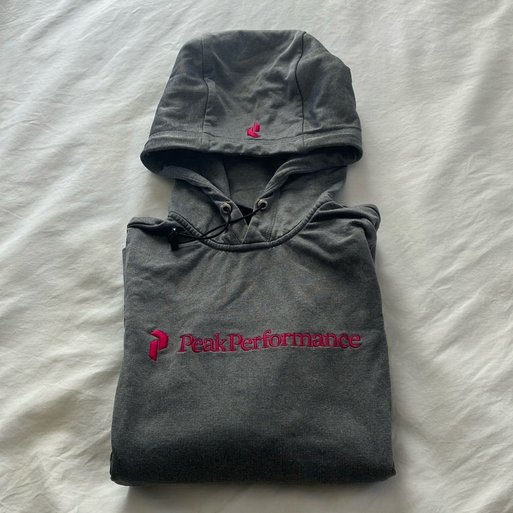 Gray Peak Performance Hoodie with Pink Logo S
